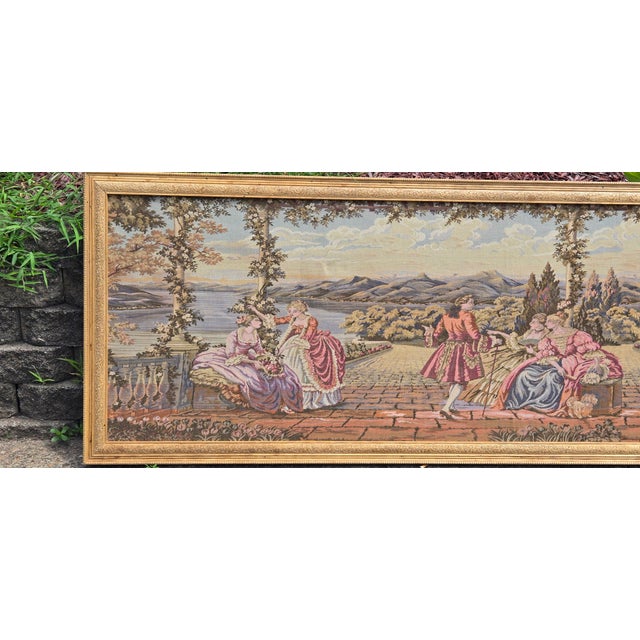 Large Vintage Framed European Hand Crafted Rococo-Style Needlepoint Tapestry Wall Hanging – Romantic Garden Scene For Sale - Image 6 of 18