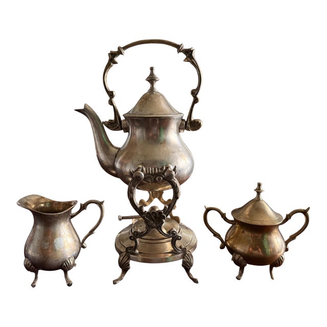 Vintage Silverplate Tilting Tea Set-Teapot Creamer Sugar Bowl-Victorian Style For Sale