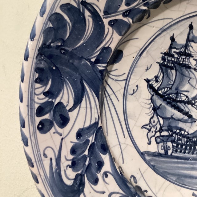 18th Century Tin-Glazed Large Ceramic Galleon Sailing Ship Wall Decor Plate by Delft For Sale In Chicago - Image 6 of 12
