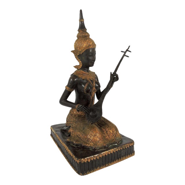 Vintage Thai Bronze and Gilt Female Figure or Statue, the Phin Musician Statue Sculpture For Sale