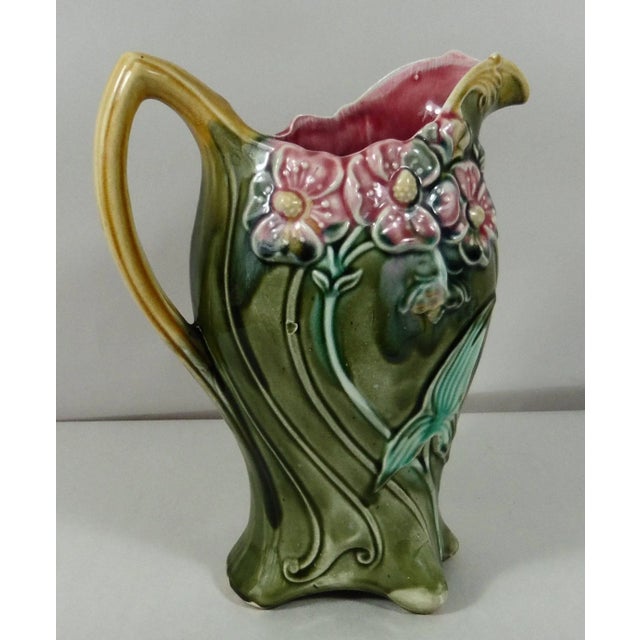 Art Nouveau Early 1900s Majolica Pink Flowers Pitcher Onnaing For Sale - Image 3 of 6