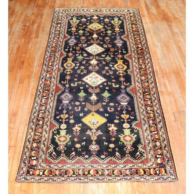 Navy Blue 19th Century Tribal Shiraz Gallery Rug, 4'11'' X 11'8'' For Sale - Image 8 of 13
