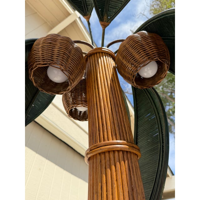 Late 20th Century Vintage Pencil Reed Rattan Palm Tree Floor Lamp For Sale - Image 5 of 8