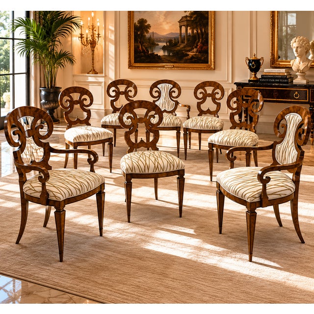 Presenting a stunning set of 8 William Doezema for Mastercraft Biedermeier Amboyna dining chairs, including one armchair...