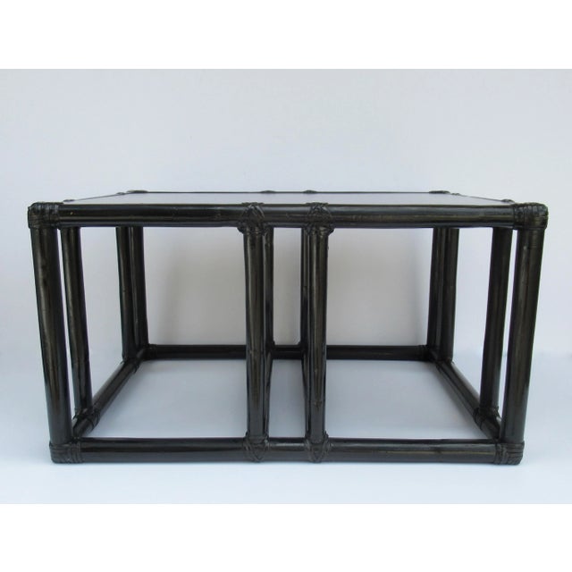 1970s C.1970's McGuire for Baker Furniture Co. Leather-Strapped Rectangular-Shaped Ebony Wood & Rattan Coffee Table For Sale - Image 5 of 13