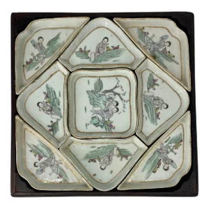 Vintage Porcelain Sweet Meat Tray Set With Wood Box