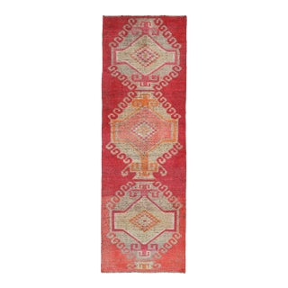 1970s Vintage Turkish Hand-Knotted Wool Cotton Pink Runner Rug For Sale