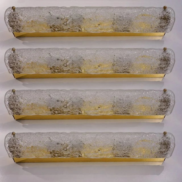 One of the four high-end murano glass on a brass base sconces by hillebrand, germany, circa 1960s. Length 23.6 inch it...