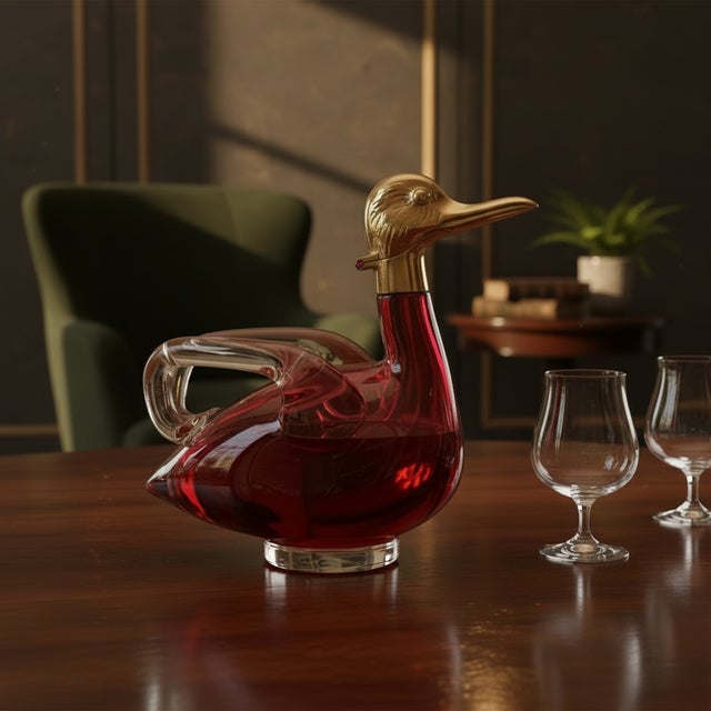 1950s Mid‑Century Modern Czech Art Glass Duck Decanter With Brass Hinged Head — Pink & Clear Wings For Sale In Detroit - Image 6 of 6
