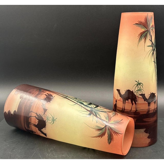Orange Vintage Czech Art Glass Vases Painted Egyptian Silhouette Camel Hosch or Palda For Sale - Image 8 of 14