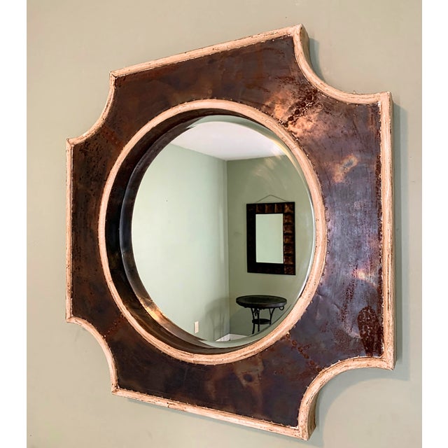 Wood Handcrafted Patinated Metal Spanish Revival Architectural Wall Mirror With Scalloped Frame For Sale - Image 7 of 7