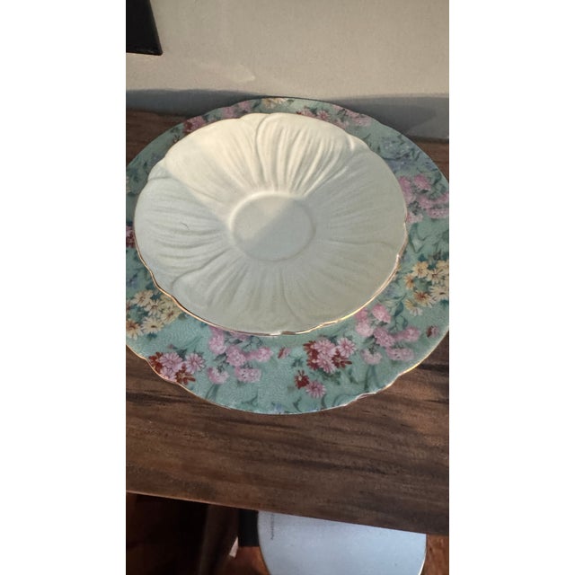 Mid-Century Modern Shelley Oleander Melody Trio Bone China Tea Cup Saucer & Plate Three Piece Set For Sale - Image 3 of 6