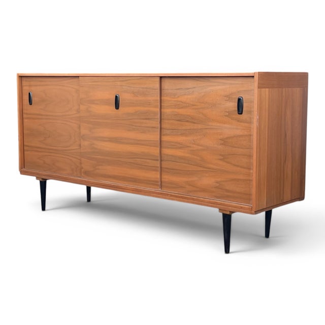 Wood Mid-Century Modern Teak Buffet Credenza With Sliding Doors & Adjustable Shelves For Sale - Image 7 of 15