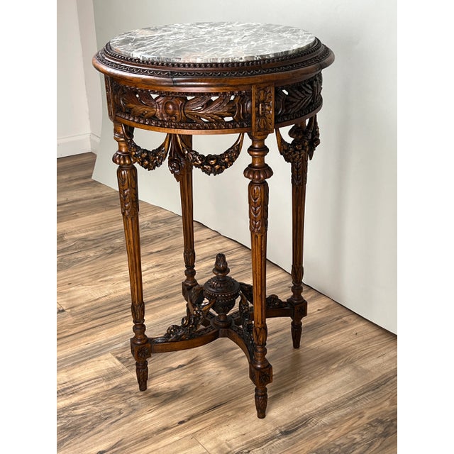 Antique Louis XVI Style Marble Top Side Table Hand Carved in Belgium C. Late 19th Century For Sale - Image 4 of 11