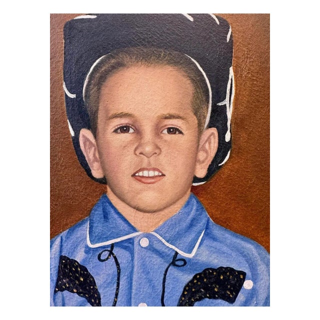 Textile Mid 20th Century Portrait Oil on Canvas Painting of Cowboy Signed, Korea 1958 For Sale - Image 7 of 8