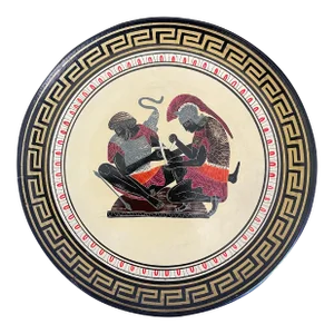 Greek Handpainted Trojan War Black Figure Pottery Plate - Achilles Tending Patroclus