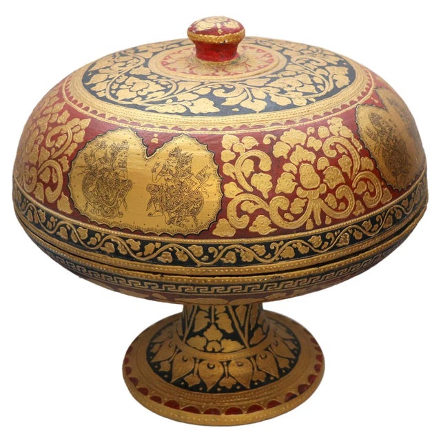 A hand painted antique Bali dulang wooden tray with lid.