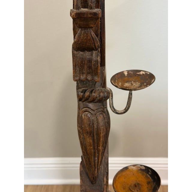 Vintage Indian Carved Wood Architectural Fragment on Iron Candle Stand For Sale - Image 12 of 12