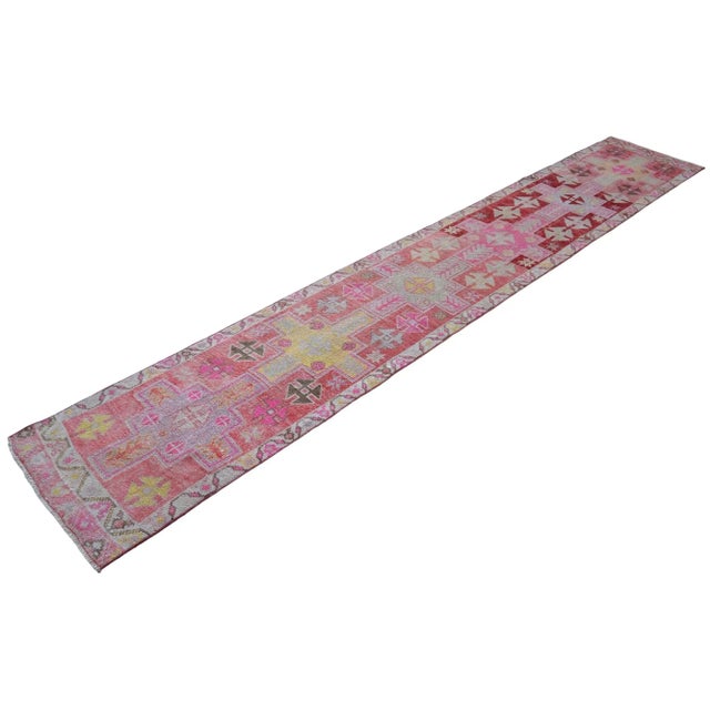 Raspberry Pink Vibrant Turkish Runner 2x12 Long Narrow Rug Vintage Pink Hallway Oriental Carpet For Sale - Image 8 of 15