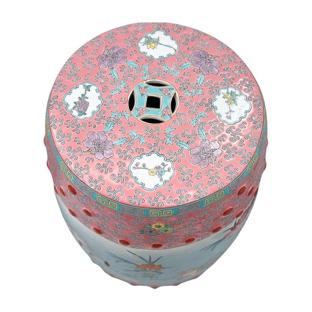 Late 20th Century Pair of Famille Rose Porcelain Garden Stools With Floral and Figural Motifs For Sale - Image 9 of 11