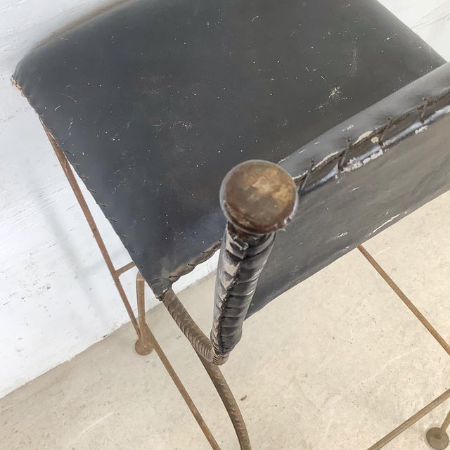 Vintage Studio-Made Sculptural Iron Counter Stool With Black Leather Seat For Sale - Image 16 of 18