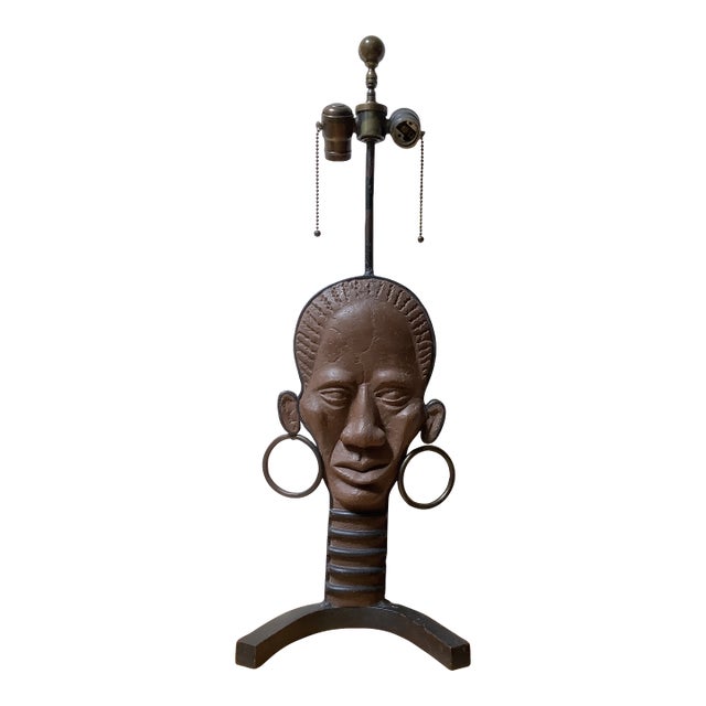 Vintage 1955 Goodwin Artist Signed Handcrafted African Face Iron and Clay Lamp For Sale