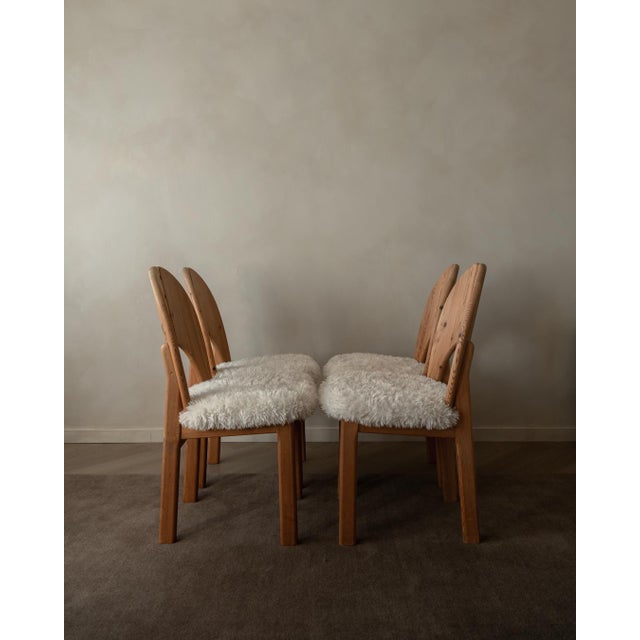 Scandinavian Modern Pine Dining Chairs in Faux Sheepskin, 1970s, Set of 4 For Sale - Image 4 of 18