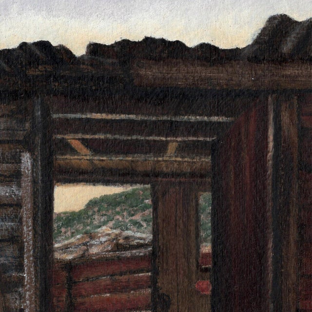 On the Road to "Nattyville" 1 by Lisa Lebofsky | Pencil and oil on paper Interior of a rustic building with a view. For Sale - Image 4 of 4