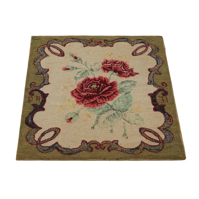 1920s Antique Hooked Square Rug in Beige With Floral Medallion, From Rug & Kilim For Sale - Image 5 of 7