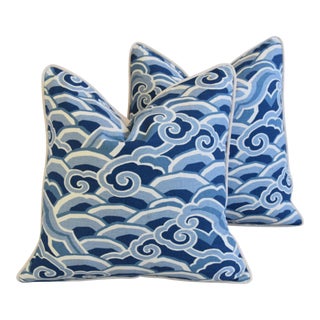 Blue & White Kravet Coastal Nautical Wave Feather/Down Pillows - Pair For Sale