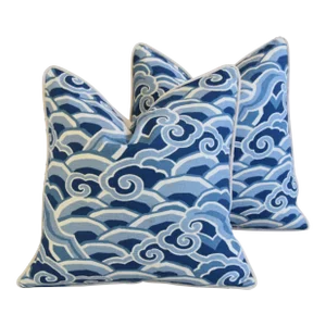Blue & White Kravet Coastal Nautical Wave Feather/Down Pillows - Pair