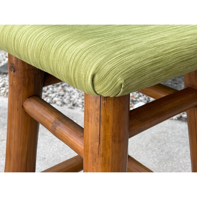 Wood Vintage Bamboo Counter Stools – Set of 2 – Green Upholstered Seats – Mid-Century Tiki / Coastal Style, MCM For Sale - Image 7 of 11