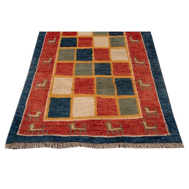 Orange Modern Gabbeh Checked Persian Handmade Wool Rug For Sale - Image 8 of 10