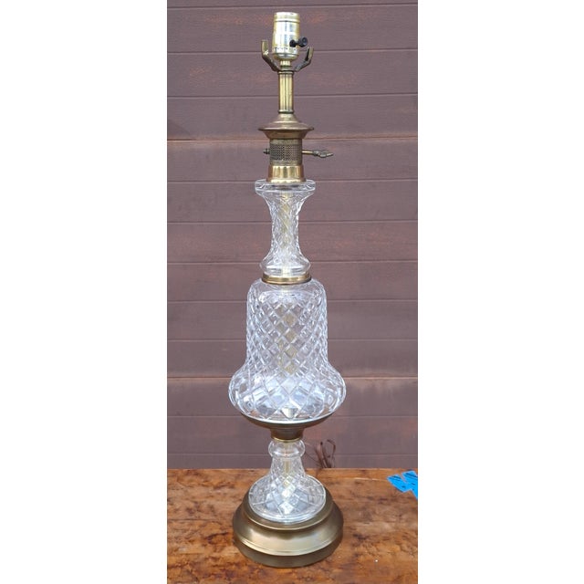A Vintage French Empire Style Crystal Glass Pineapple Column Brass Table Lamp. Measuring 6.5" in diameter and 28.5" in...