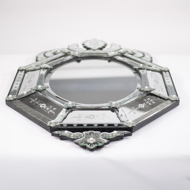 Hollywood Regency 50-Inch Italian 1940s Venetian Etched Glass Mirror With Wood Backing For Sale - Image 3 of 18