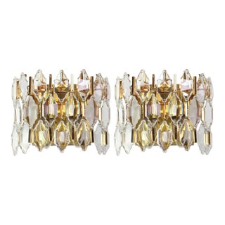Golden Gilded Brass and Crystal Sconces from Palwa, Germany, 1970s, Set of 2 For Sale