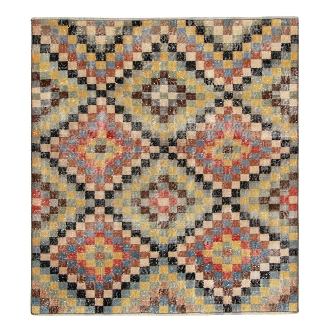 1960s Distressed Vintage Square Rug in Stone Blue, Beige-Brown ...