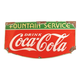 1938 Coca Cola Fountain Service Porcelain Sign For Sale