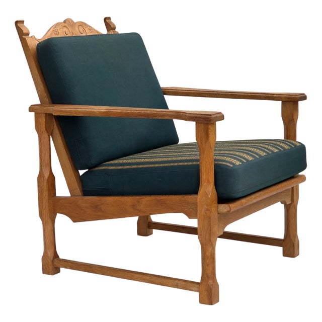 Scandinavian Lounge Chair in Green Wool and Oak, 1970s For Sale