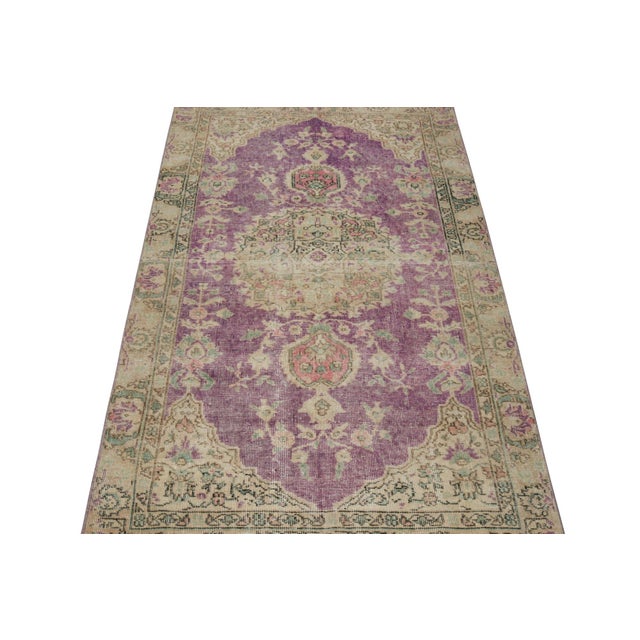 1960s Distressed Vintage Runner in Purple With Beige Floral Medallion, by Rug & Kilim For Sale - Image 5 of 7