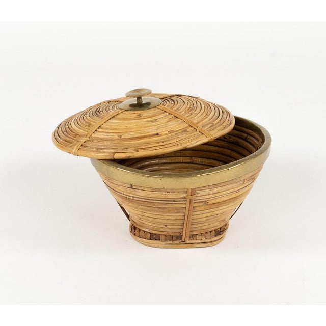 Metal Mid-Century Decorative Box in Rattan and Brass, Italy, 1970s For Sale - Image 7 of 13