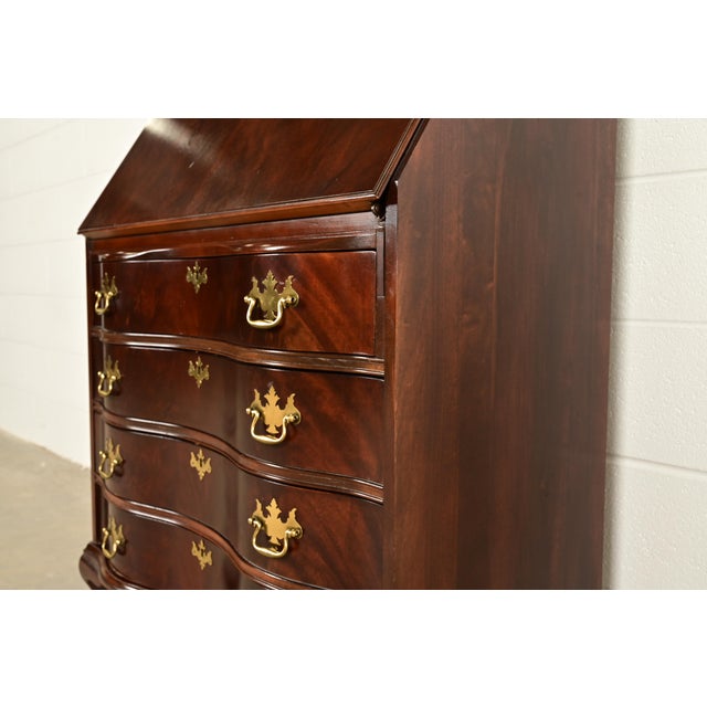 Chippendale Flame Mahogany Drop Front Secretary Desk With Lighted Bookcase Hutch by Jasper Cabinet Co. For Sale - Image 10 of 18