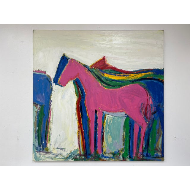 This striking 48” x 48” original oil painting features a stylized horse in vivid fuchsia, surrounded by layers of...