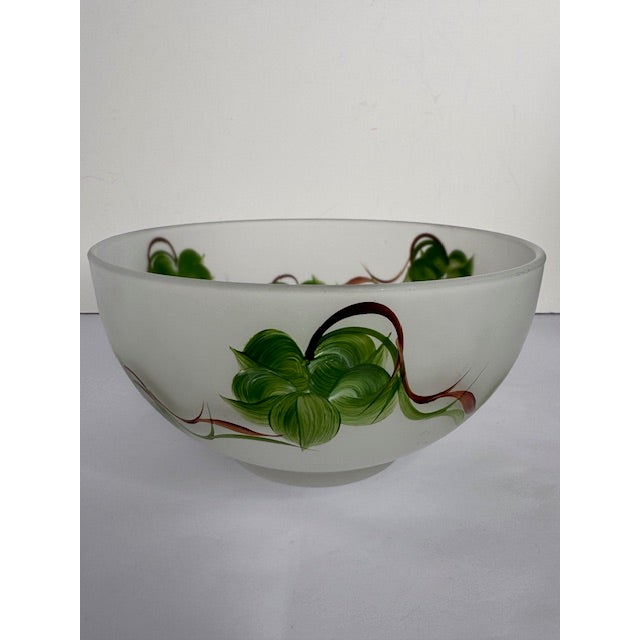 Vintage Frosted Glass Salad Set With Hand Painted Leaves – Bowl, Oil & Vinegar, Salt & Pepper - 5 pcs For Sale - Image 10 of 17