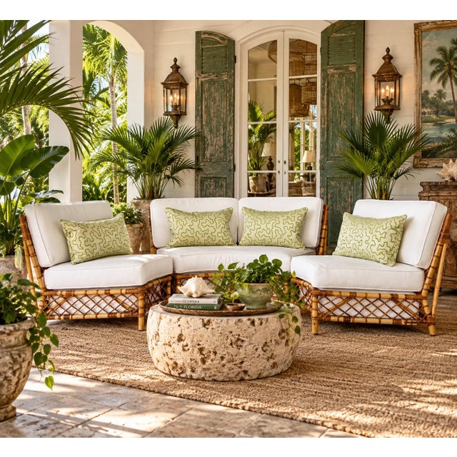 Mid-Century Rattan Three-Piece Curved Sectional Sofa With New Sunbrella For Sale - Image 12 of 12