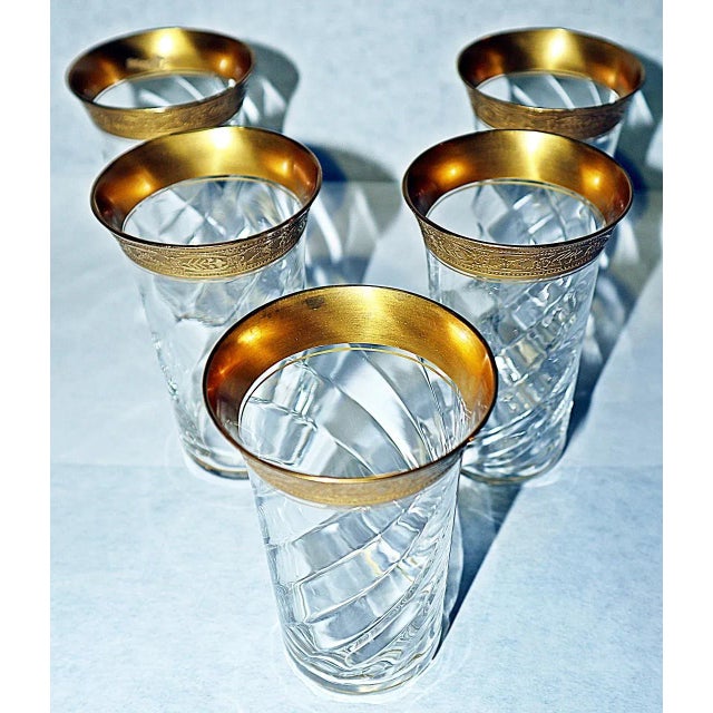Swirled crystal and 23k gilt rim juice glasses from the 1920-30s, fine condition. Ready for liquors or even red wine ala...