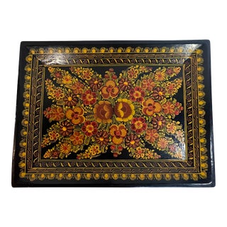 Vintage Hand-Painted Flowered Olinala Tray Made in Mexico For Sale