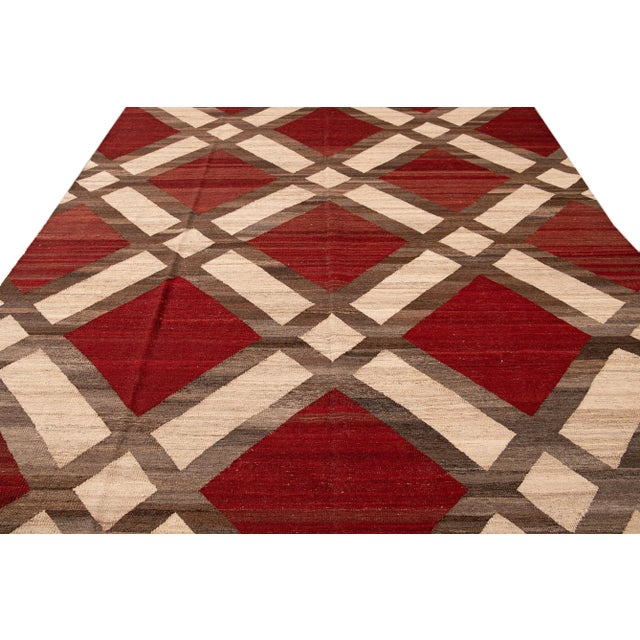 Modern Modern Kilim Flatweave Red and Beige Geometric Wool Rug For Sale - Image 3 of 10