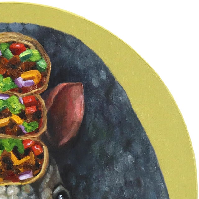 Portrait of an Armadillo, Bearing Burritos - Original Surreal Animal Portrait Oil Painting on Wood Panel by Jj Galloway For Sale In Los Angeles - Image 6 of 9