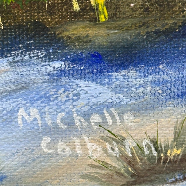 This original coastal painting features a tranquil beach scene with soft dunes, vibrant blue skies, and two graceful palm...